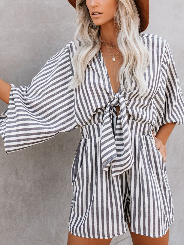 V-Neck Cotton Tie Romper with Pockets