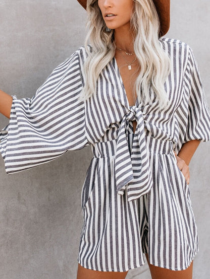 V-Neck Cotton Tie Romper with Pockets