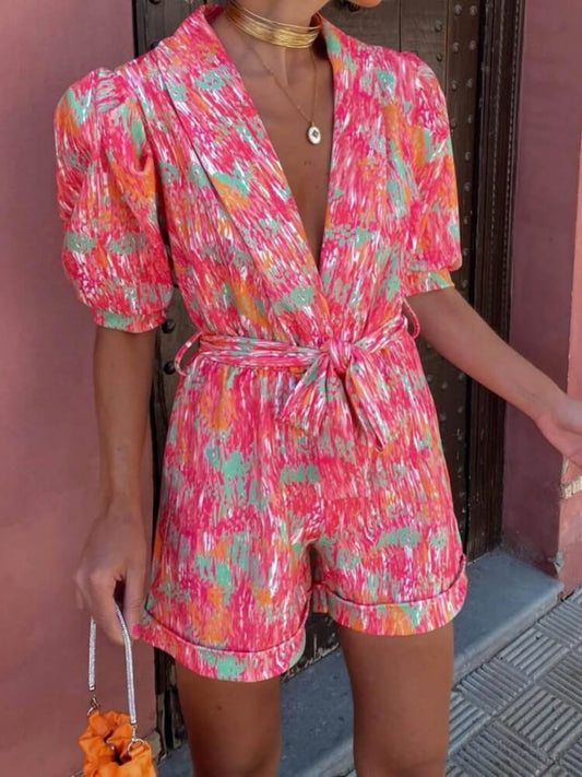 Pink Floral Puff Sleeve Candy Romper