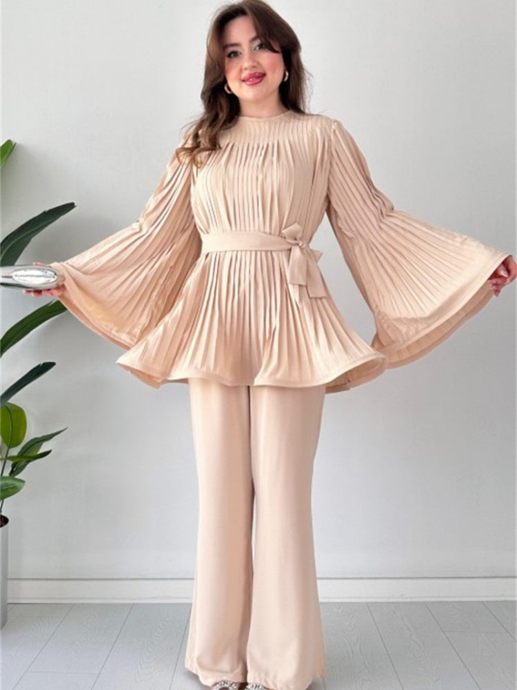 Pleated Flare Top and Pants Ensemble