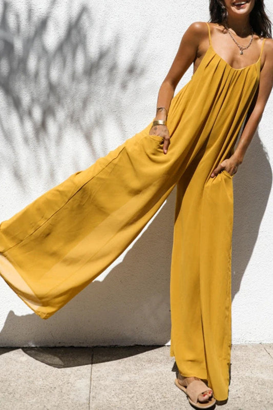 Yellow Oversized Maxi Jumpsuit with Solid Patchwork and Spaghetti Straps