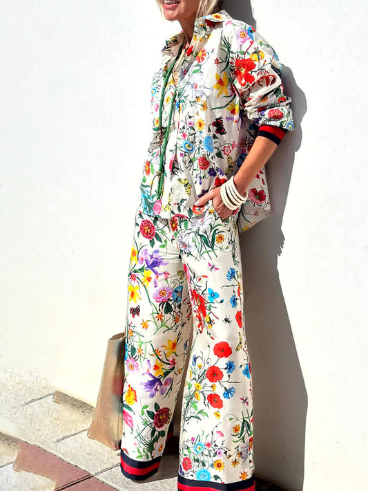 Floral Print Wide Leg Trousers with Elastic Waist and Pockets - Set