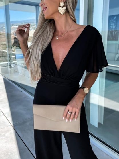 Black V-Neck Flutter Sleeve Mousseline Jumpsuit