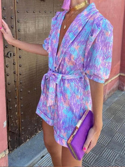 Purple Floral Puff Sleeve Romper