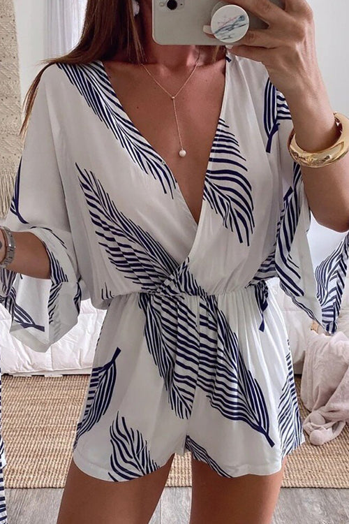 White Batwing Romper with V-Neck and Leaf Print Kimono Design