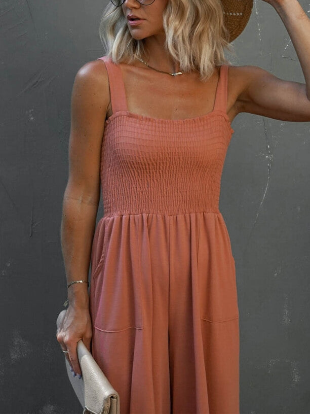 Orange Smocked Jumpsuit with Pockets