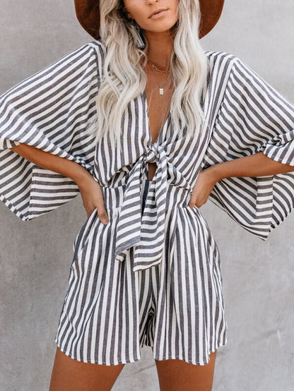 V-Neck Cotton Tie Romper with Pockets