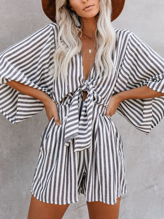 V-Neck Cotton Tie Romper with Pockets