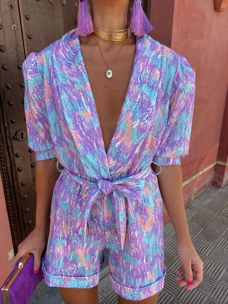 Purple Floral Puff Sleeve Romper
