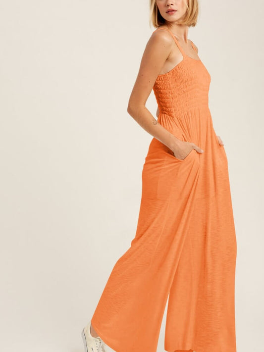 Tangerine Smocked Jumpsuit with Pockets