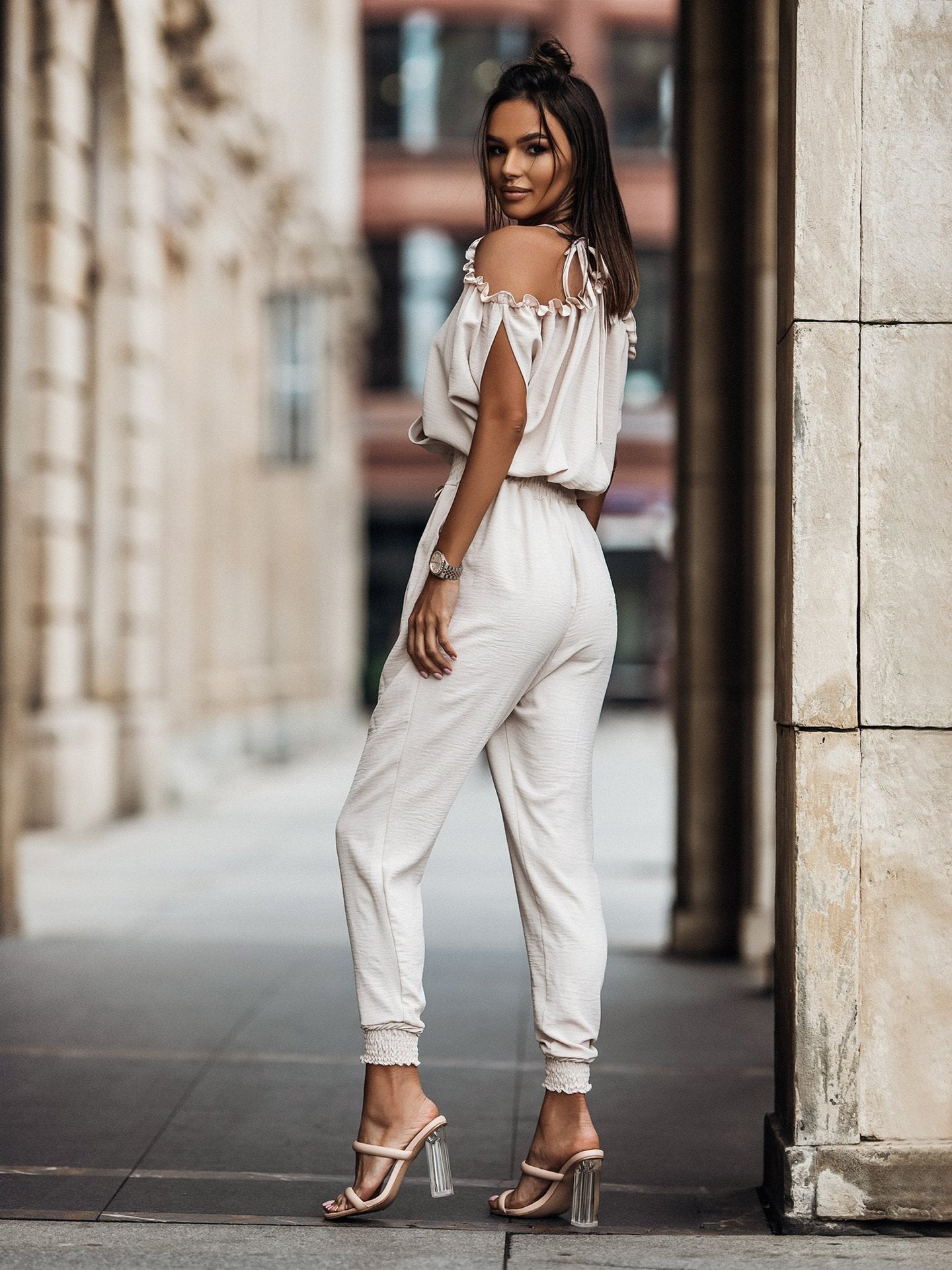 V-Neck Cold Shoulder Jumpsuit with Pencil Pants