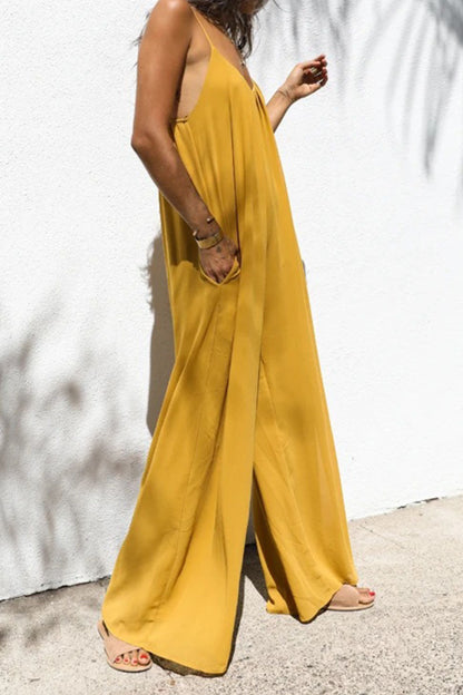 Yellow Oversized Maxi Jumpsuit with Solid Patchwork and Spaghetti Straps