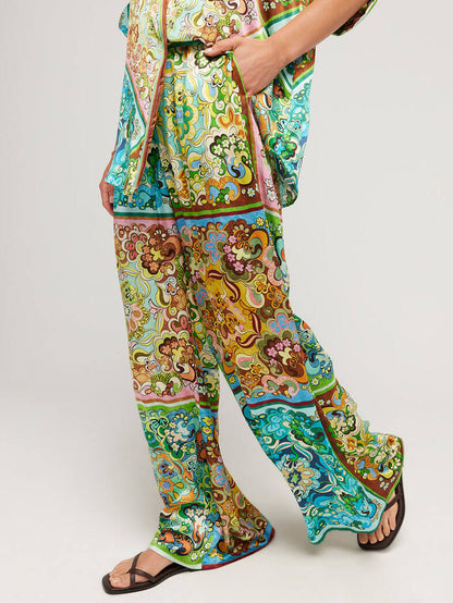 Elegant Satin Print Button-Up Two-Piece Ensemble