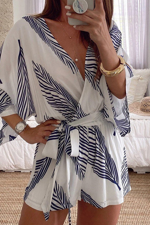 White Batwing Romper with V-Neck and Leaf Print Kimono Design