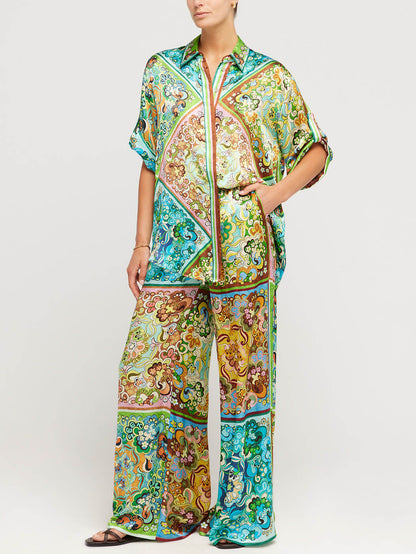 Elegant Satin Print Button-Up Two-Piece Ensemble