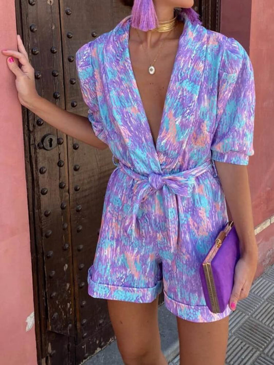 Purple Floral Puff Sleeve Romper