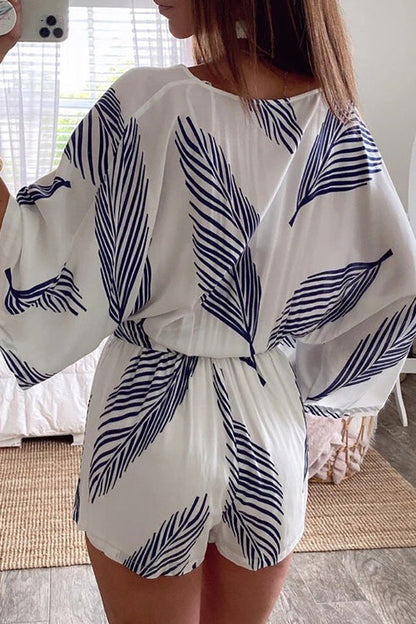 White Batwing Romper with V-Neck and Leaf Print Kimono Design