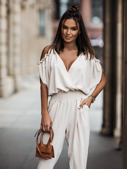 V-Neck Cold Shoulder Jumpsuit with Pencil Pants