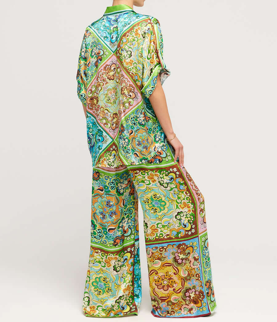 Elegant Satin Print Button-Up Two-Piece Ensemble