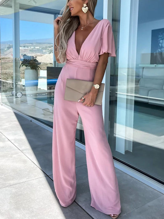 Dark Pink V-Neck Mousseline Jumpsuit with Flutter Sleeves