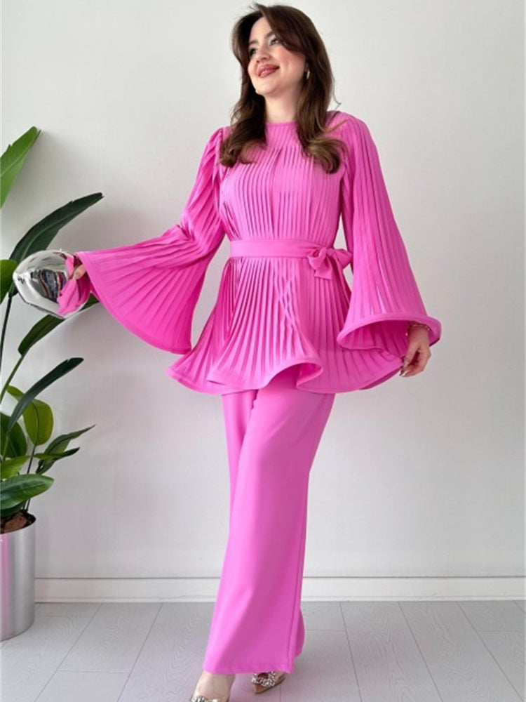 Pleated Flare Top and Pants Ensemble