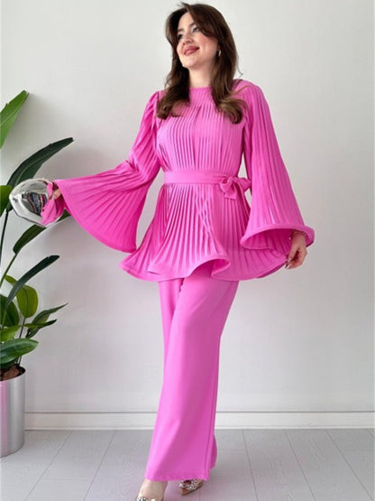 Pleated Flare Top and Pants Ensemble