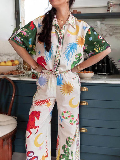 Stylish Printed Short Sleeve Loose-Fit Shirt and Elastic Waist Pants Set