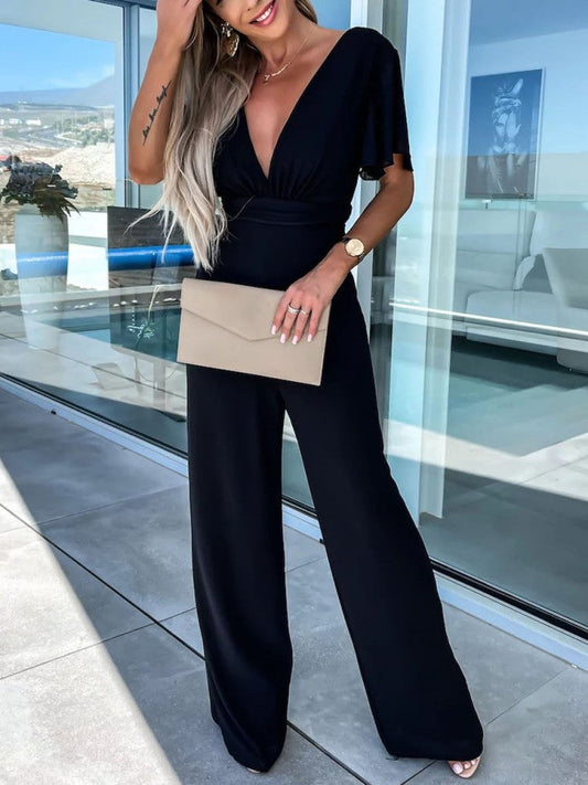 Black V-Neck Flutter Sleeve Mousseline Jumpsuit