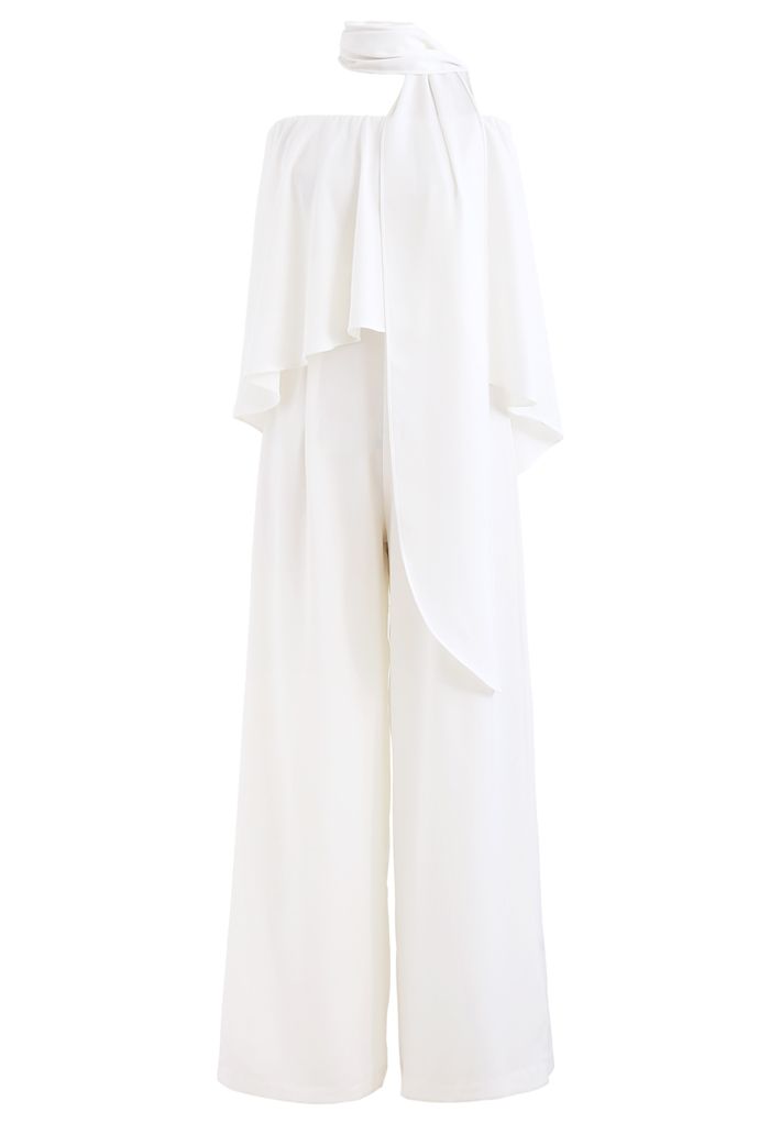 White Chiffon Jumpsuit with Off-Shoulder Flap Scarf