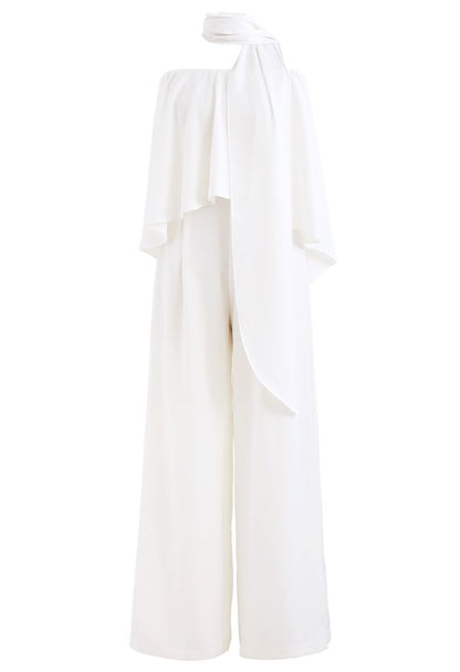 White Chiffon Jumpsuit with Off-Shoulder Flap Scarf