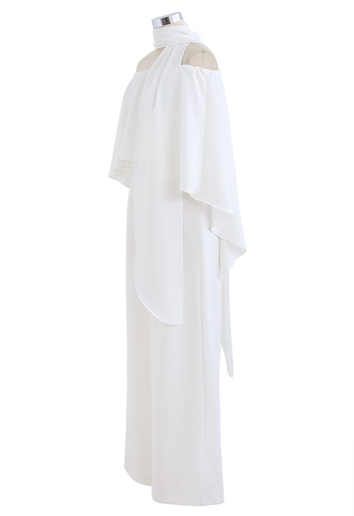 White Chiffon Jumpsuit with Off-Shoulder Flap Scarf