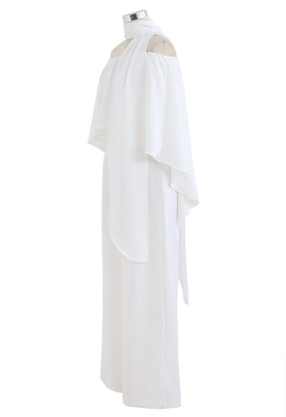 White Chiffon Jumpsuit with Off-Shoulder Flap Scarf