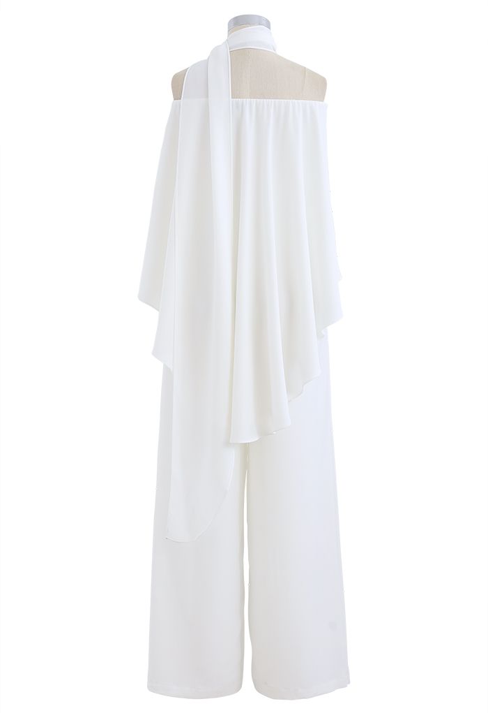 White Chiffon Jumpsuit with Off-Shoulder Flap Scarf