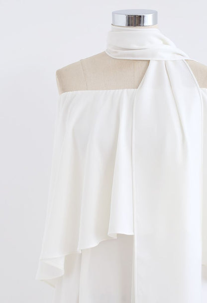 White Chiffon Jumpsuit with Off-Shoulder Flap Scarf