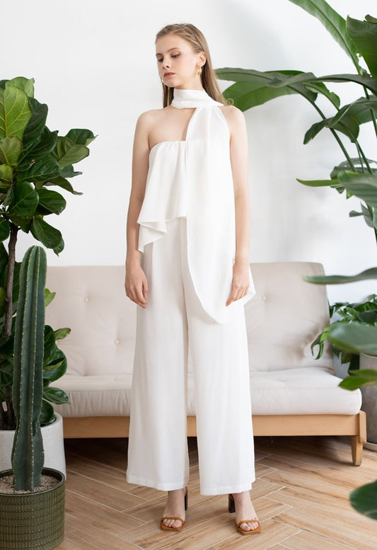 White Chiffon Jumpsuit with Off-Shoulder Flap Scarf