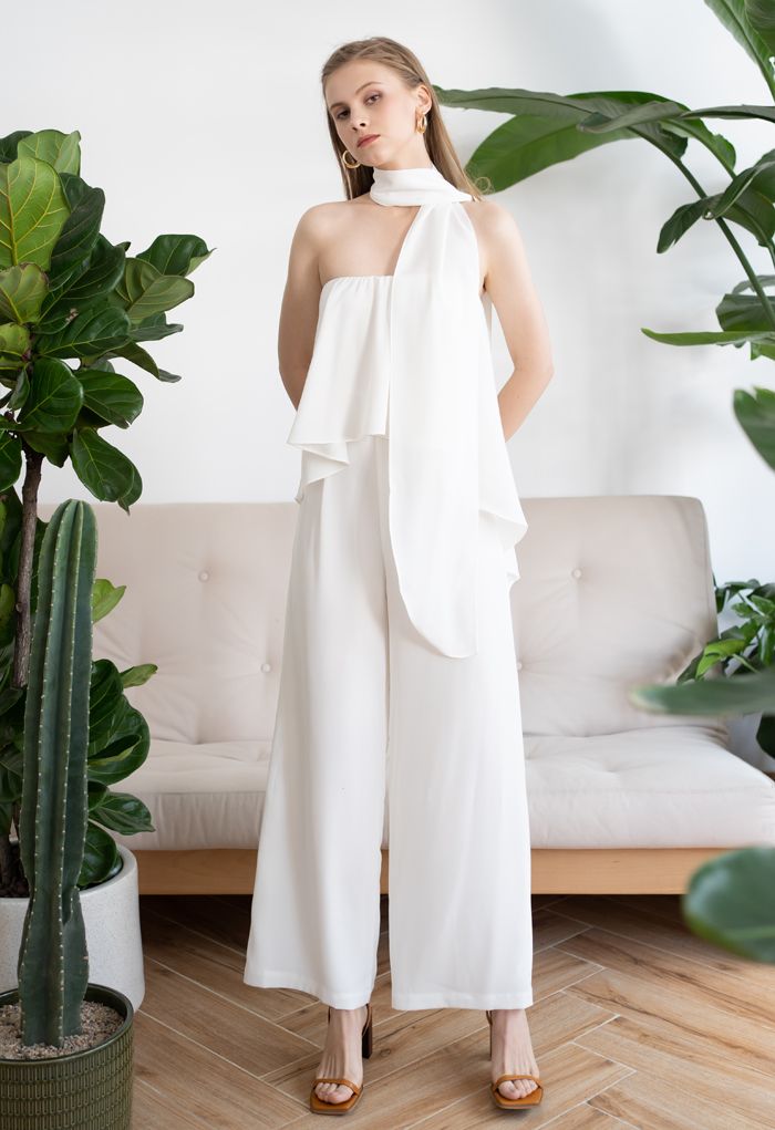 White Chiffon Jumpsuit with Off-Shoulder Flap Scarf