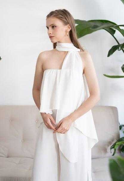 White Chiffon Jumpsuit with Off-Shoulder Flap Scarf
