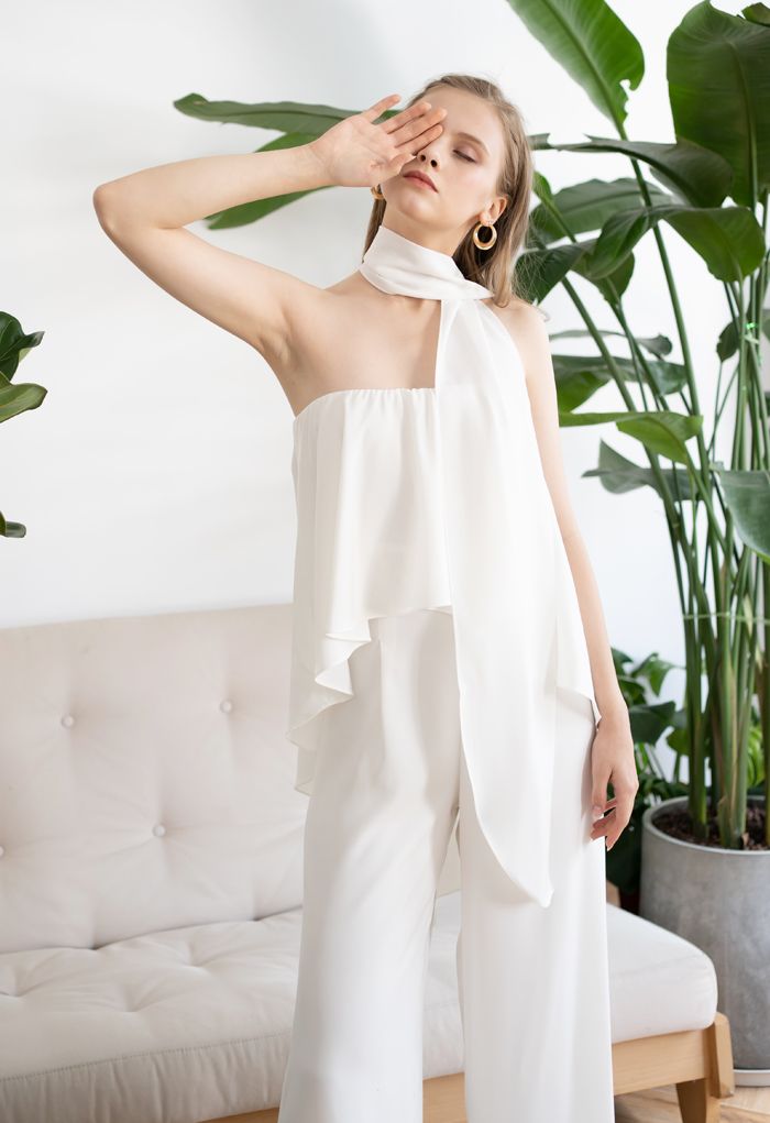White Chiffon Jumpsuit with Off-Shoulder Flap Scarf