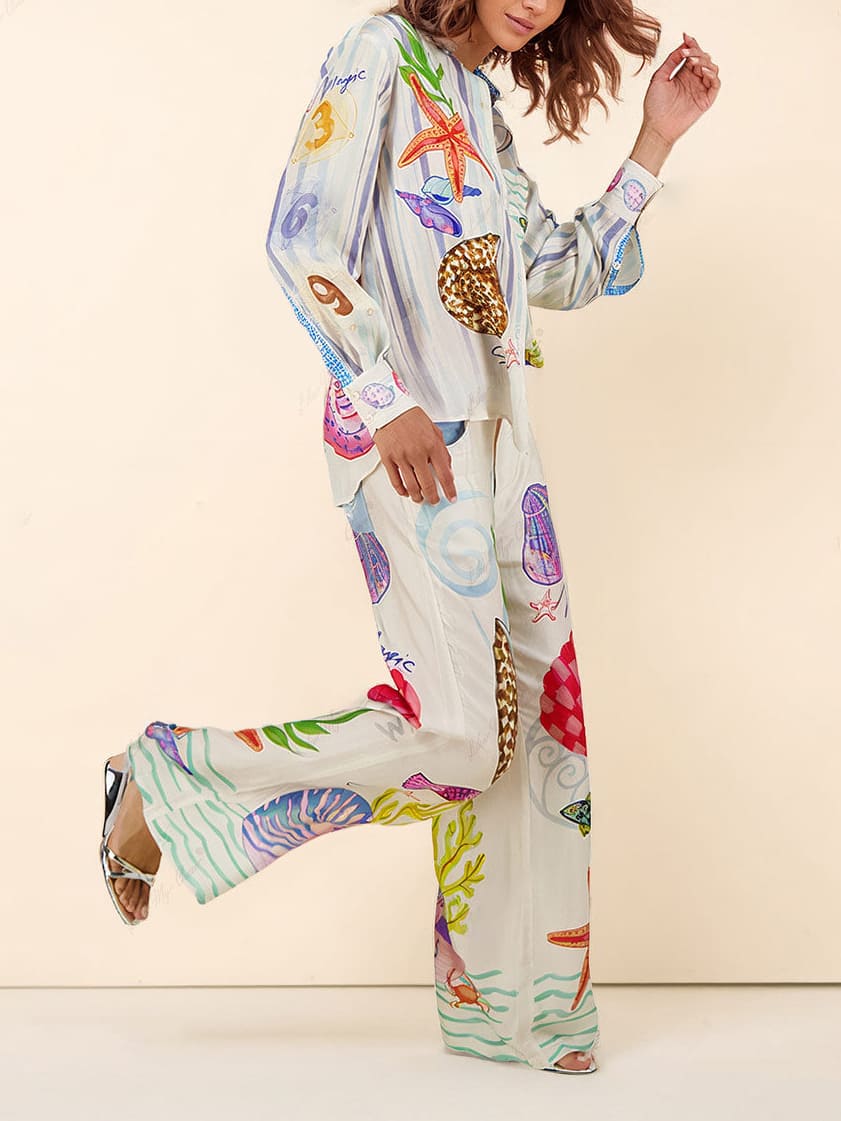 Ocean-Inspired Print Pants Set