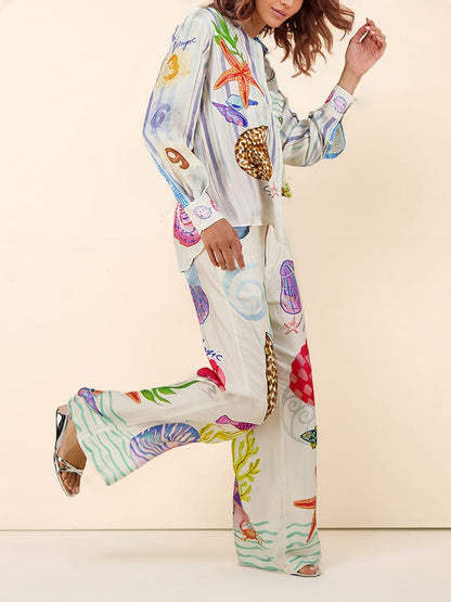Ocean-Inspired Print Pants Set