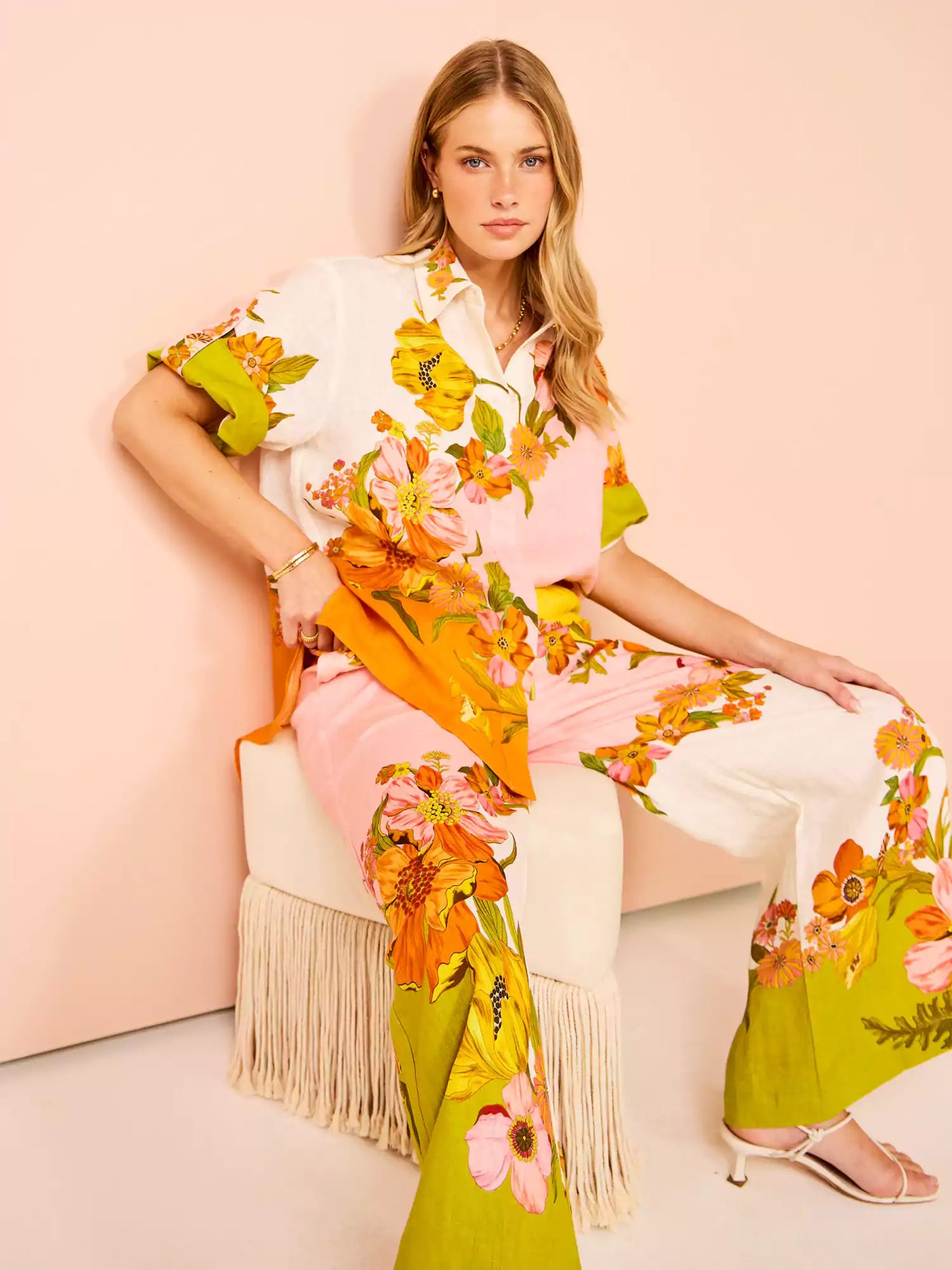 Distinctive Print Wide Leg Pants Set with Elastic Waist and Pockets