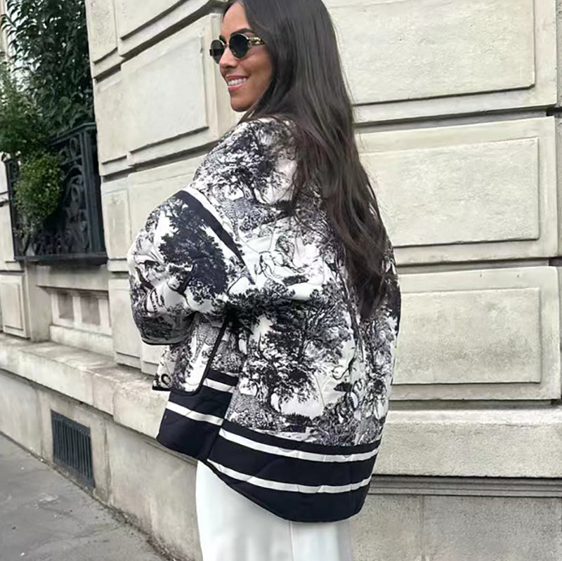 Quilted Oversized Jacket with Vintage Ink Painting Print