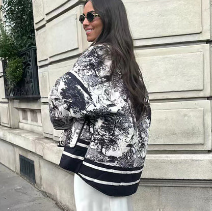 Quilted Oversized Jacket with Vintage Ink Painting Print