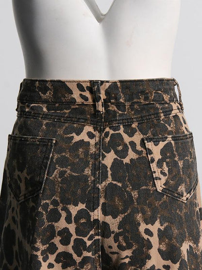 Retro Leopard Print High-Waisted Straight Leg Distressed Jeans
