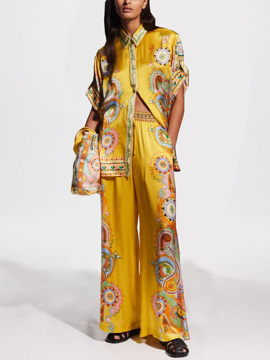 Elegant Satin Cashew Flower Print Oversized Two-Piece Set