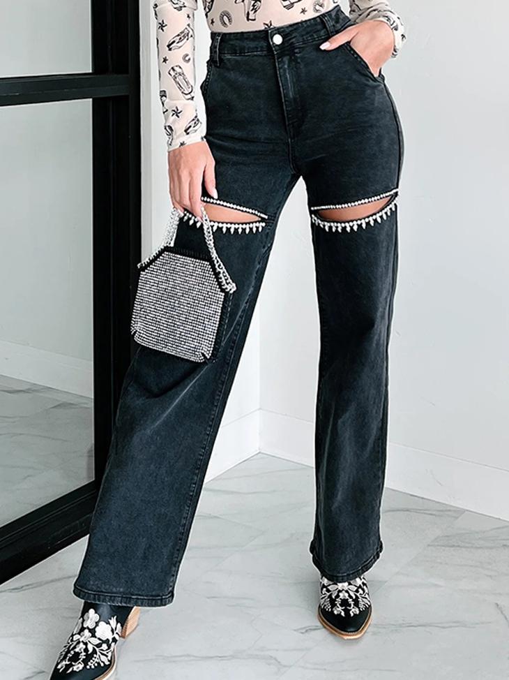 Distressed Straight Jeans with Rhinestone Accents