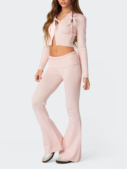 Ruched Crop Top with Flared Leg Pants Ensemble