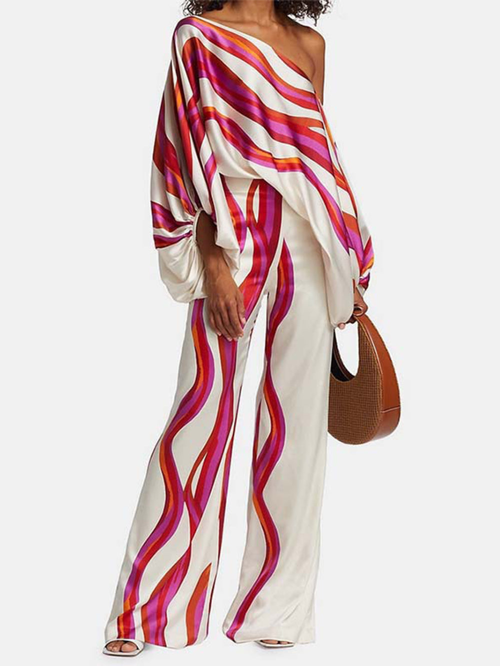 Off-Shoulder Satin Top and Trousers Ensemble