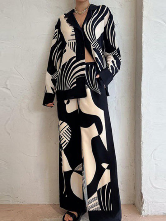 Chic Graffiti Print Relaxed Wide-Leg Trouser Set
