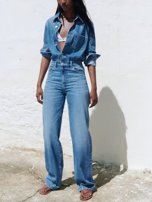 Relaxed Fit Straight-Leg Denim Jumpsuit
